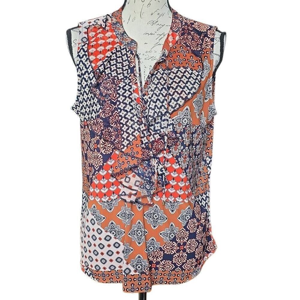 Tommy Hilfiger Women's Size Large Navy White Orange Ruffle Front Tank Blouse